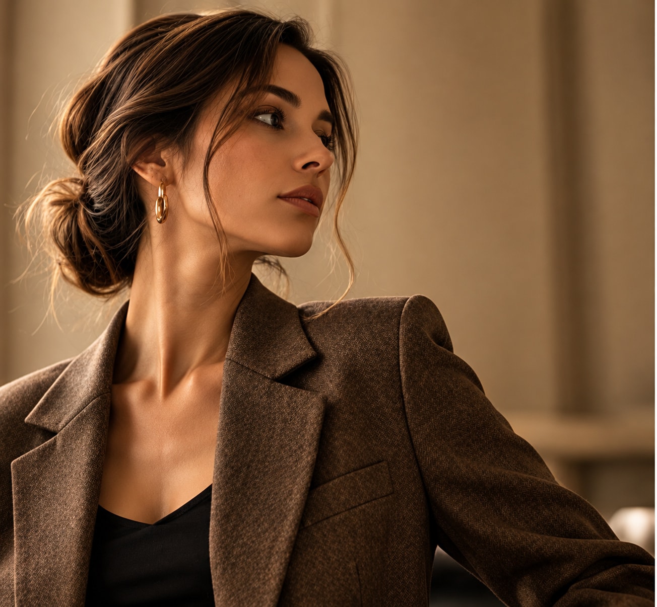 Mulher vestindo blazer de alfaiataria em tom café